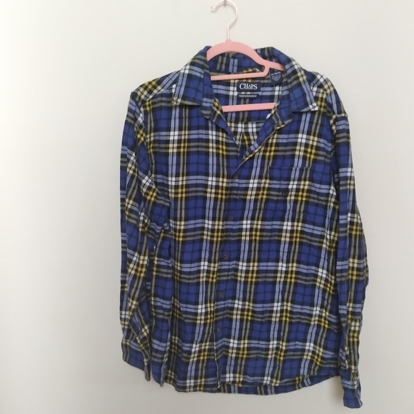 Chaps Performance Blue and Yellow Plaid Flannel Button Down Shirt Size XL - Picture 3 of 11